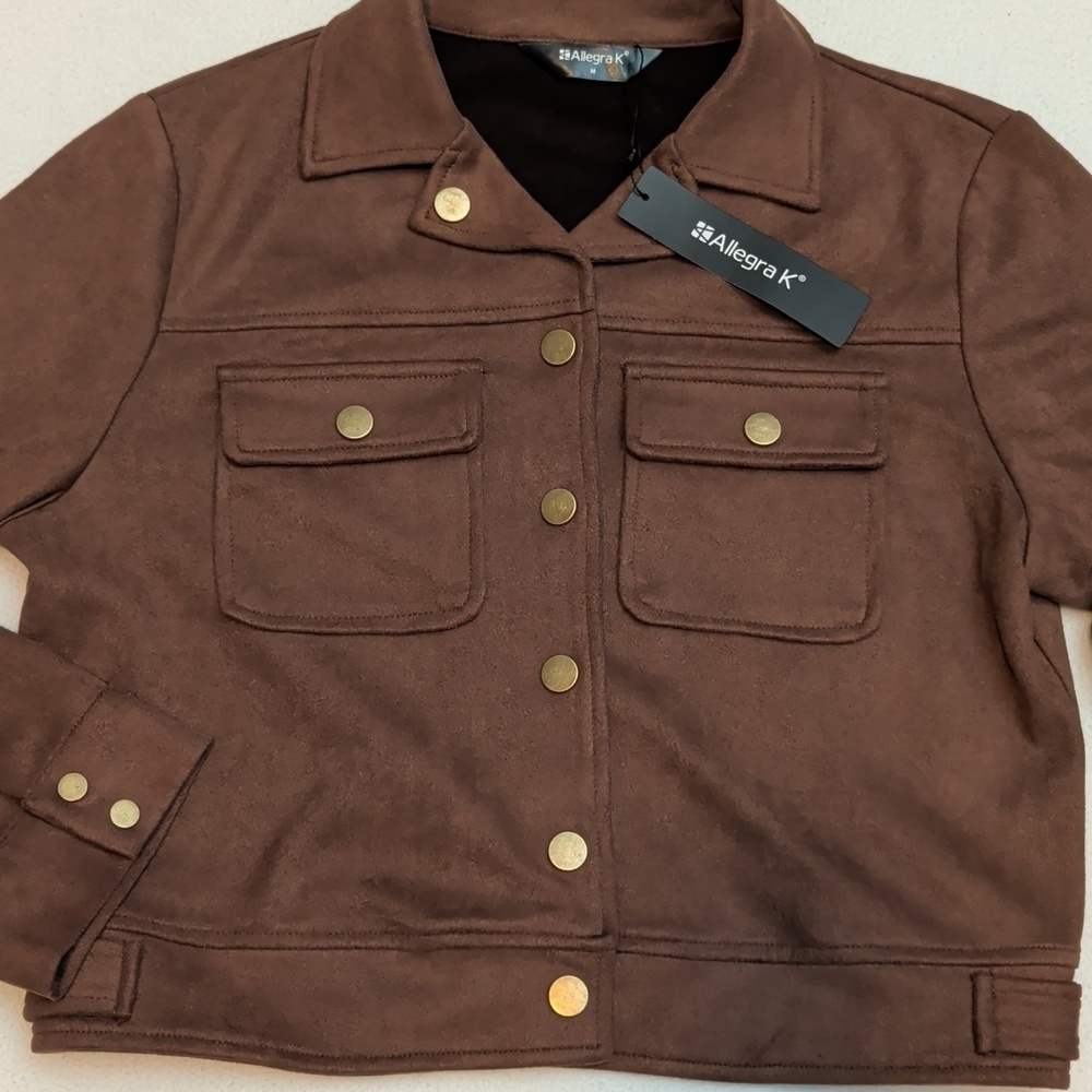 NWT Allegra K Faux Suede Brown Cropped Moto Jacket Size Medium - Picture 7 of 9